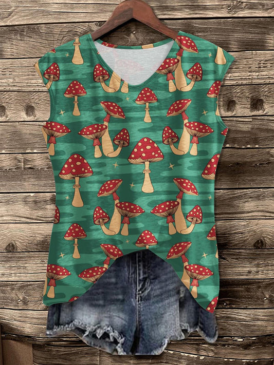 Pink Mushroom Print V Neck Tank Top