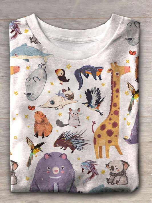 Cute Animals Print Crew Neck T-shirt