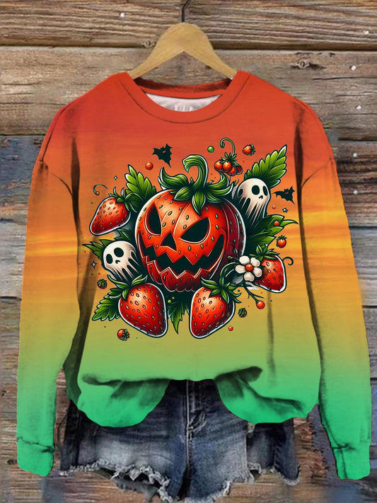 Halloween Strawberry Skull Gradient Print Long Sleeve Top