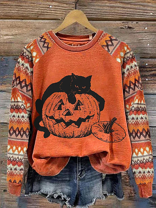 Women's Halloween Black Cat And Pumpkin Long Sleeve Casual Top