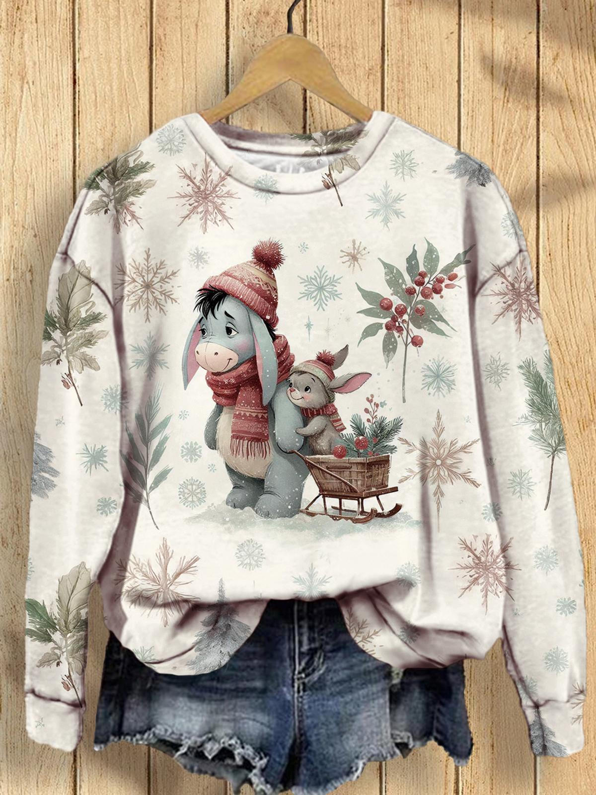 Women's Cute Animal Leaf Snowflake Print Long Sleeve Top