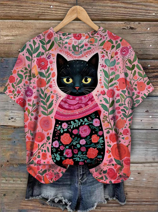 Vintage Flower Cat Crew Neck T-shirt