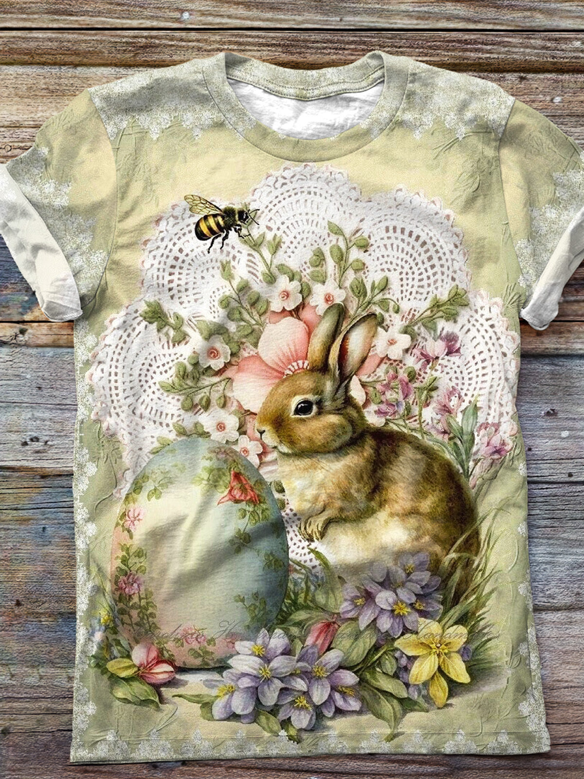 Vintage Easter Bunny & Egg Floral Crew Neck T-shirt