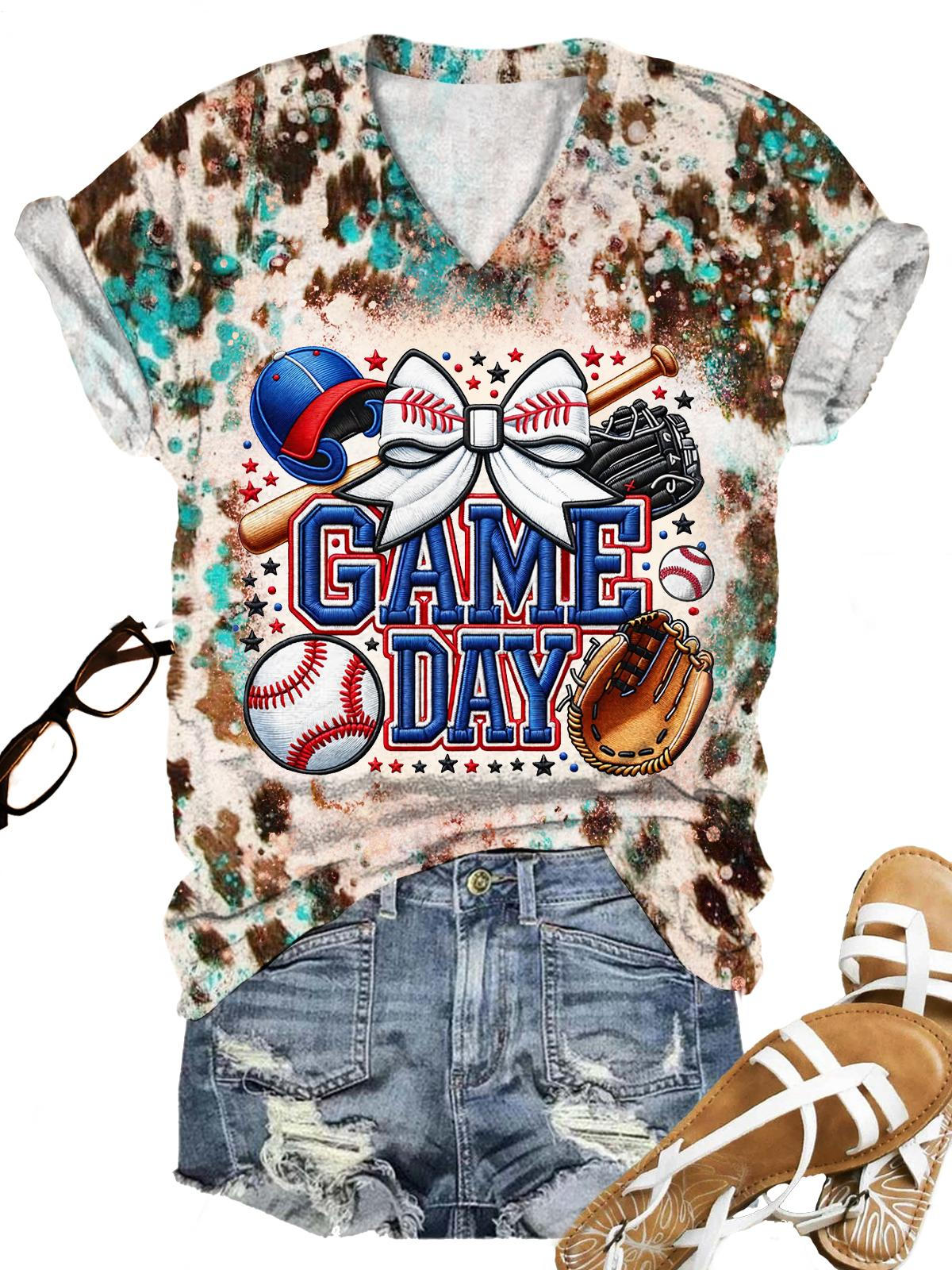 Game Day Baseball Embroidered Vintage Print T-Shirt