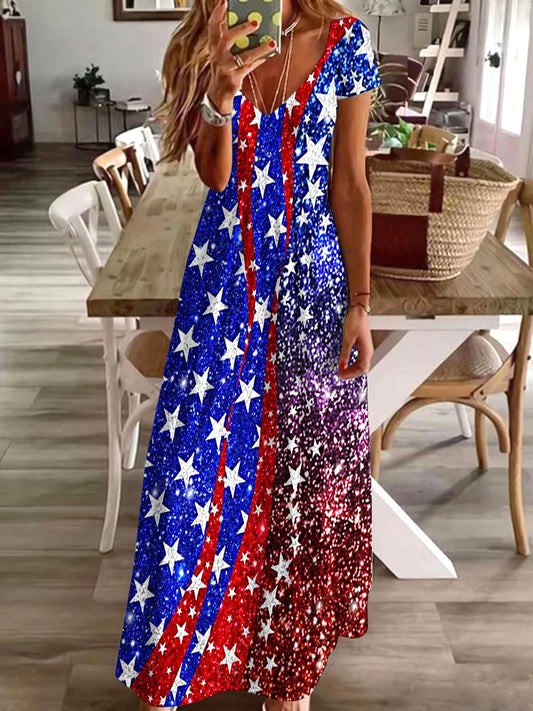 Vintage Independence Day Flag Print Short Sleeve V Neck Maxi Dress