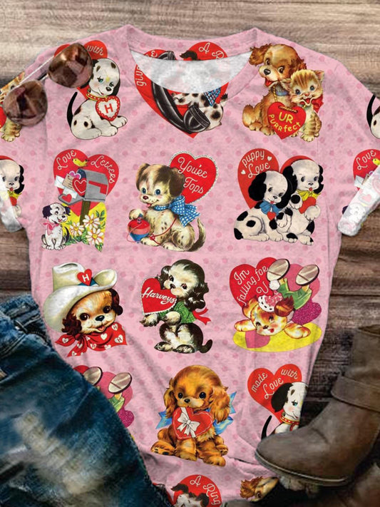 Women's Vintage Valentine's Day Dog Cosplay Print T-Shirt