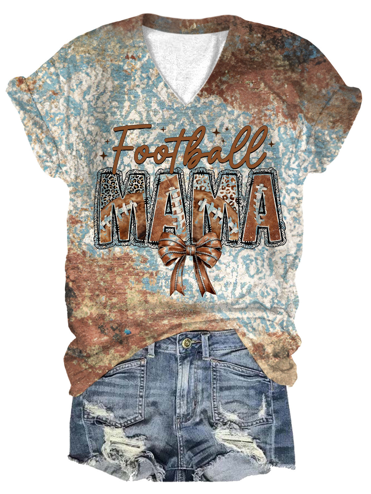 Retro Football Mama Print V-Neck T-Shirt