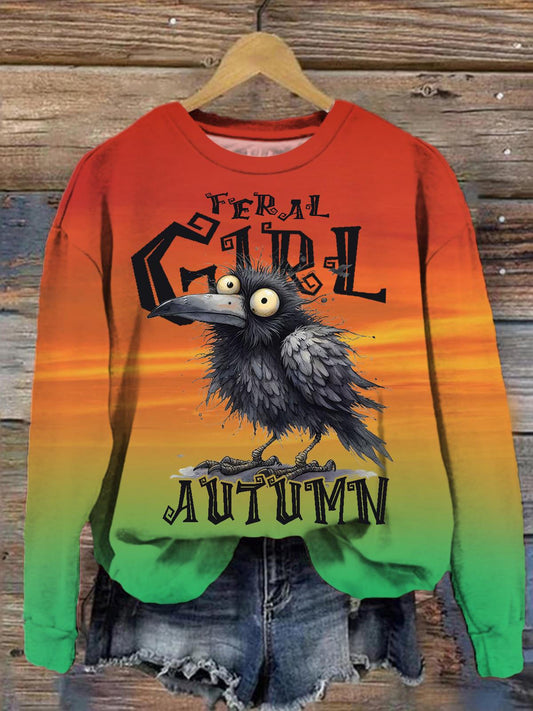 Feral Girl Autumn Crow Fun Print Long Sleeve Top