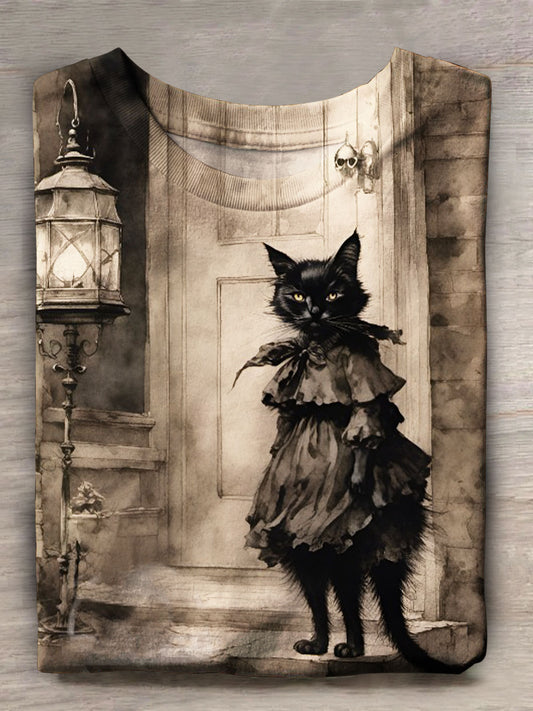Dark Gothic Cat Print Short Sleeve Top