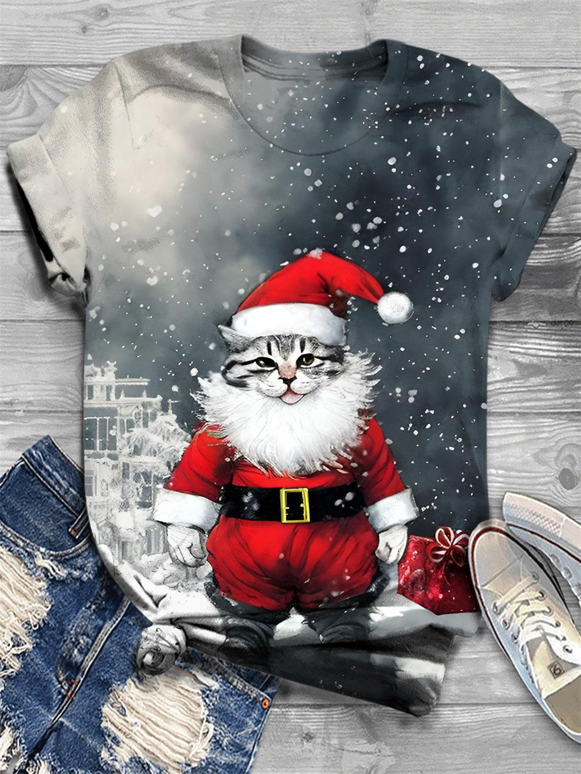 Santa Cat Fun Print Crew Neck T-Shirt