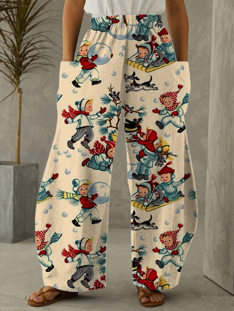 Vintage Christmas Kids Playing Print Casual Pants