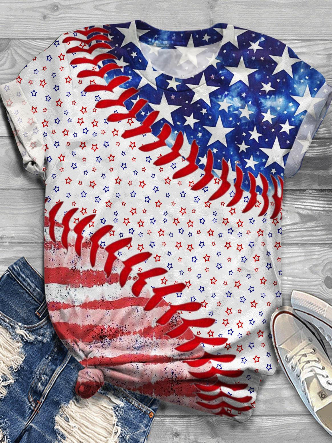 Baseball Flag Print Crew Neck T-shirt