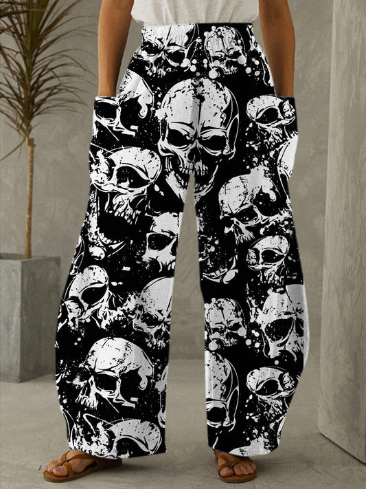 Halloween Skull Print Loose Elastic Waist Trousers