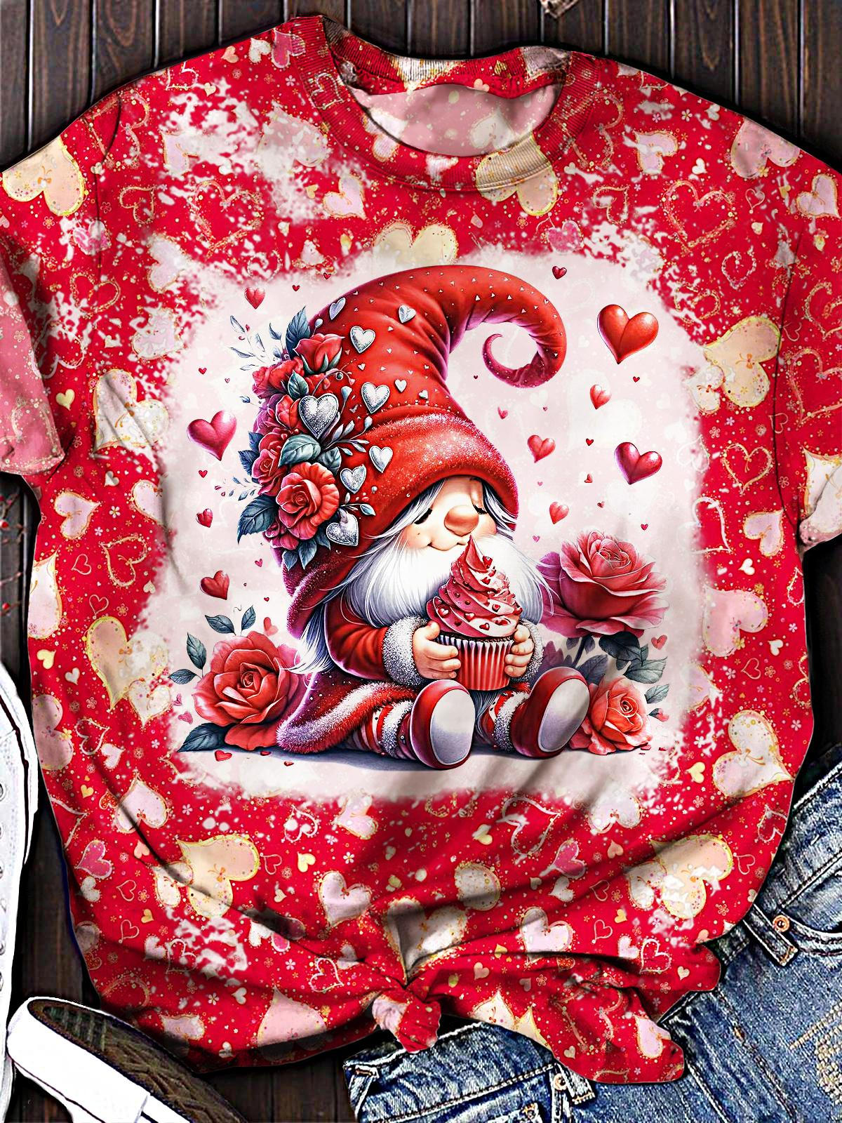 Women's Retro Valentine's Day Heart Gnome Print Crew Neck T-shirt