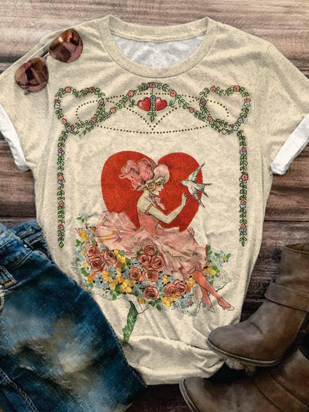 Women Vintage Valentine's Day Print Crew Neck T-shirt