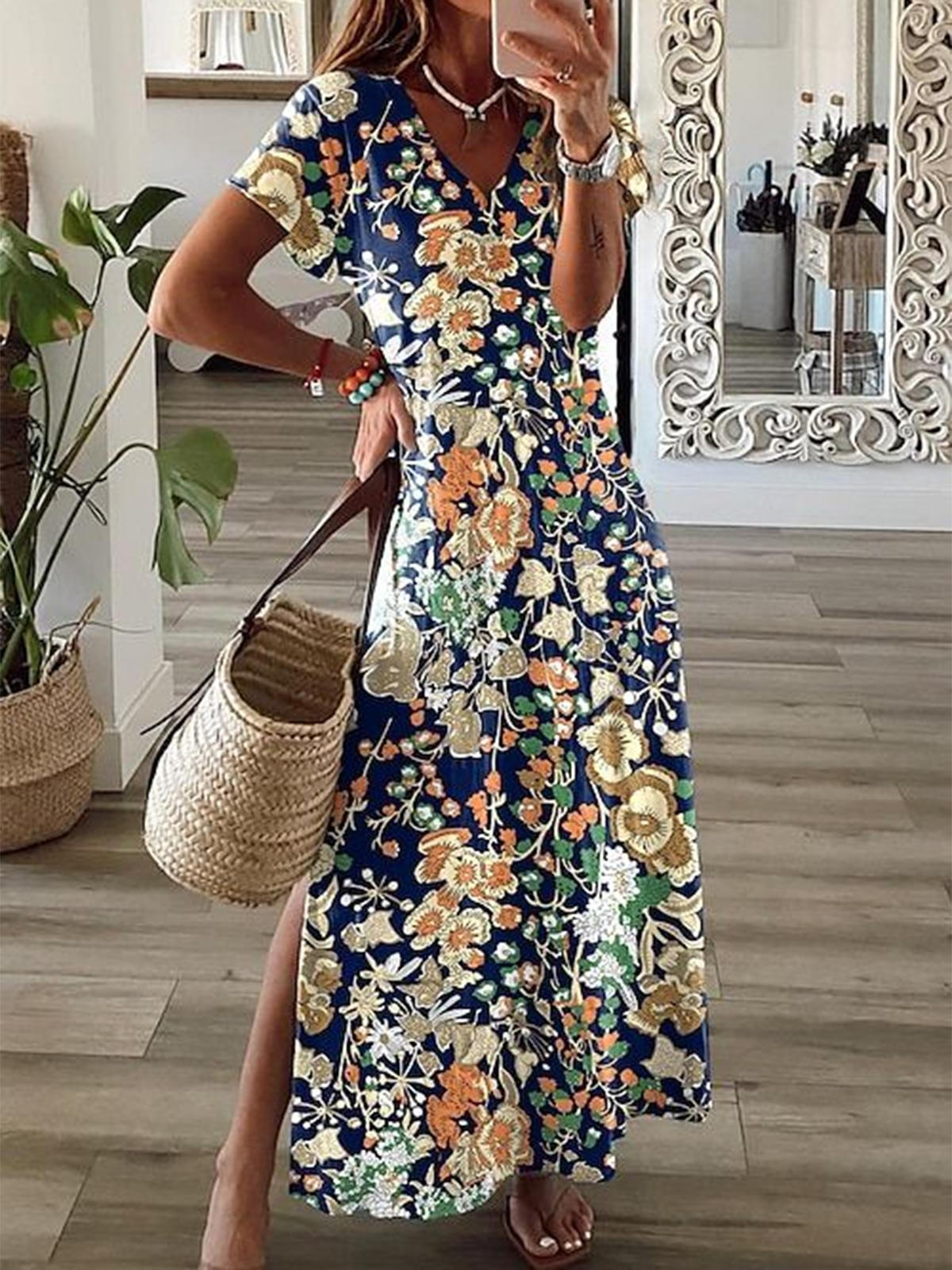 Short Sleeve V Neck Maxi Dress