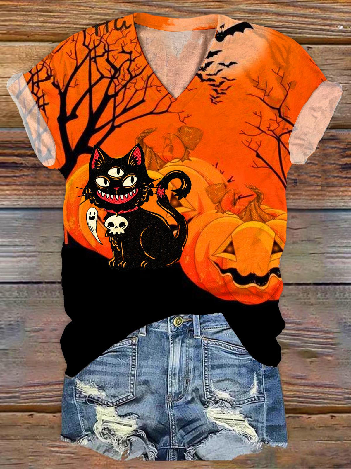 Halloween Cat Print Short Sleeve V Neck T-Shirt