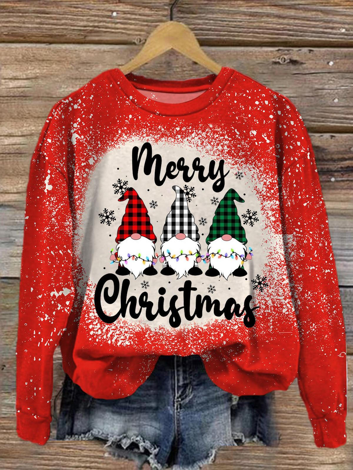 Merry Christmas Cute Gnome Printed Long Sleeve Casual Top