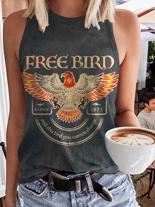 Free Bird Print Casual Sleeveless Top