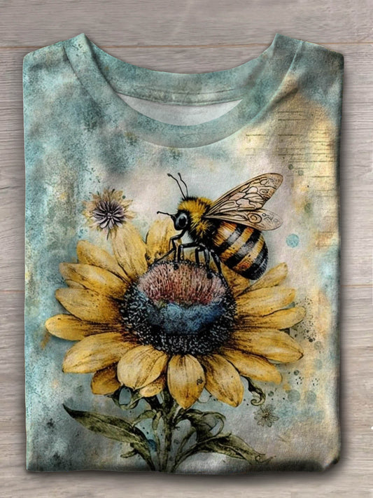 Women's Sunflower Bee Retro Print Short Sleeve T-Shirt