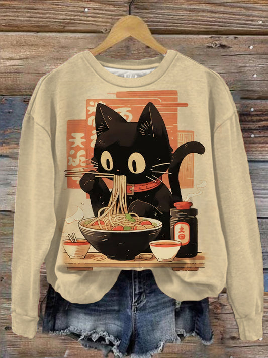 Cat Retro Print Crew Neck Long Sleeve Sweatshirt