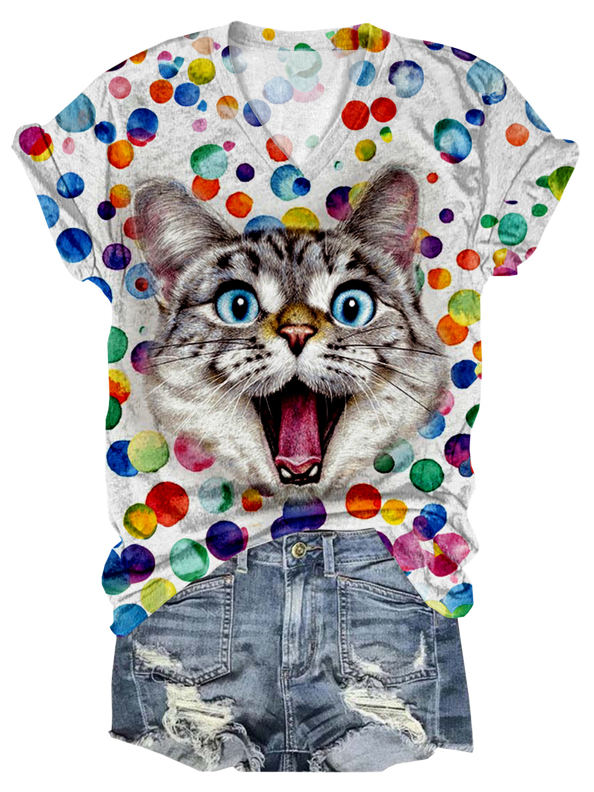 Woman's Fun Cat Polka Dot Elements V-Neck Short Sleeve T-Shirt