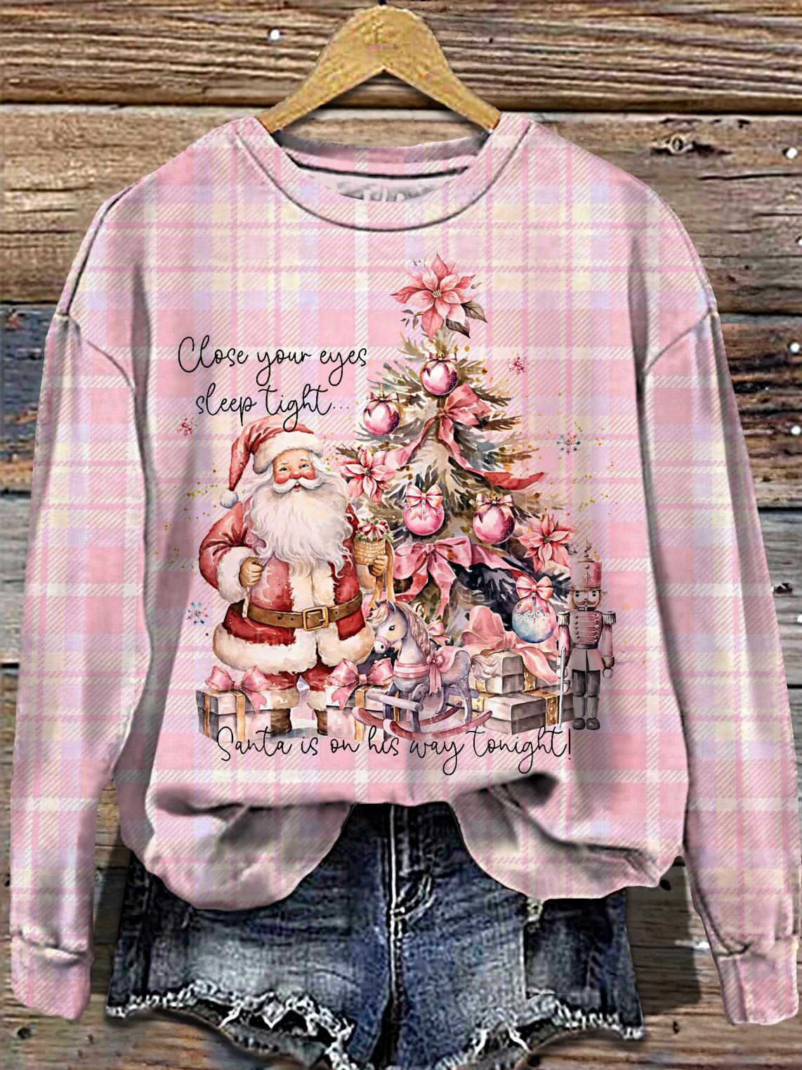 Women's Christmas Eve Santa Print Round Neck Long Sleeve Top