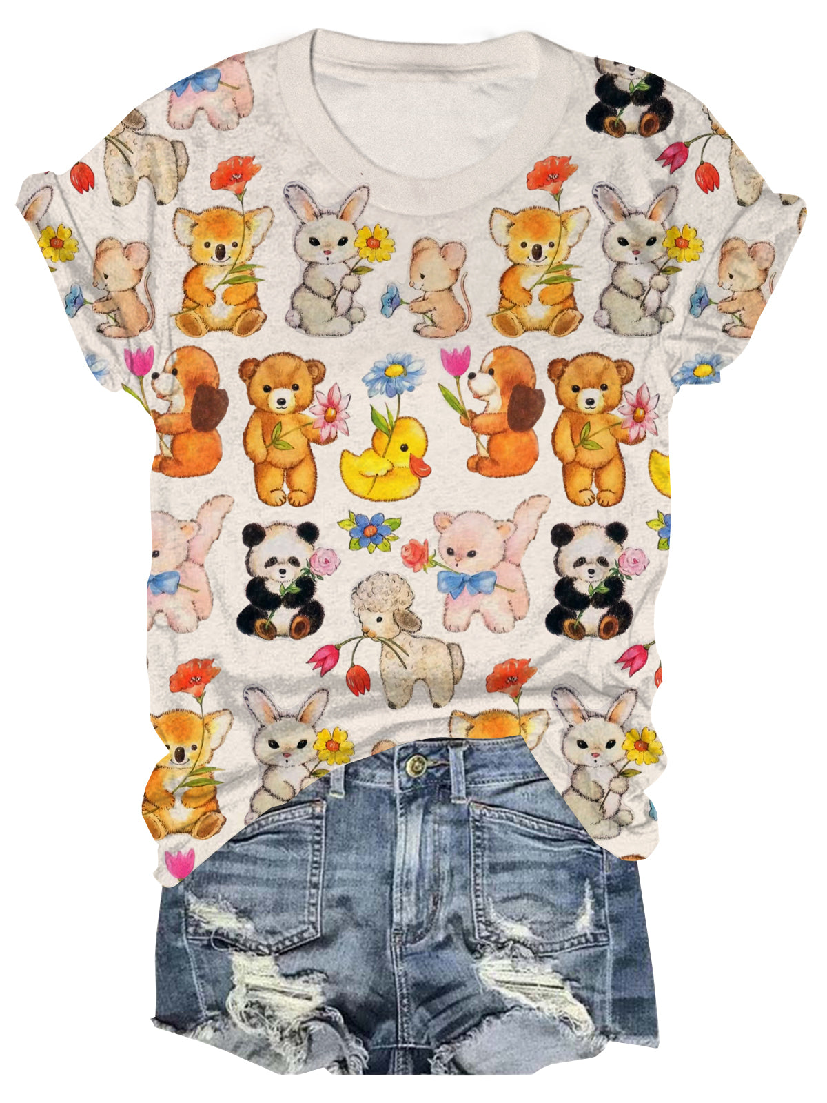 Cute Vintage Animals Crew Neck T-shirt