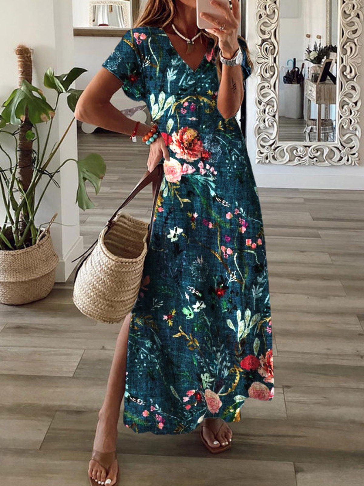 Women's Vintage Floral Print V-Neck Dress