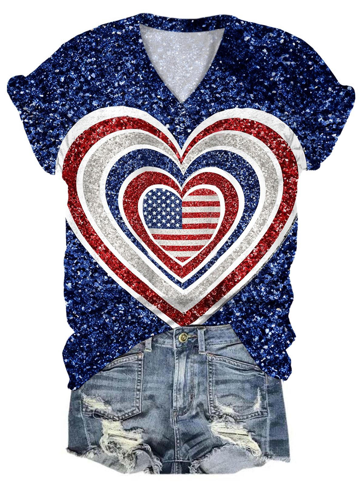 USA Flag Heart V-Neck T-Shirt