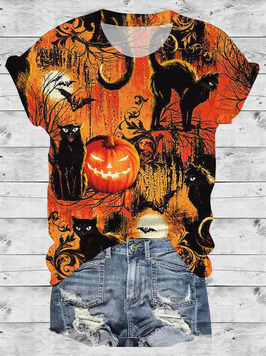 Halloween Funny Cat Pumpkin Print Round Neck Short Sleeve T-Shirt