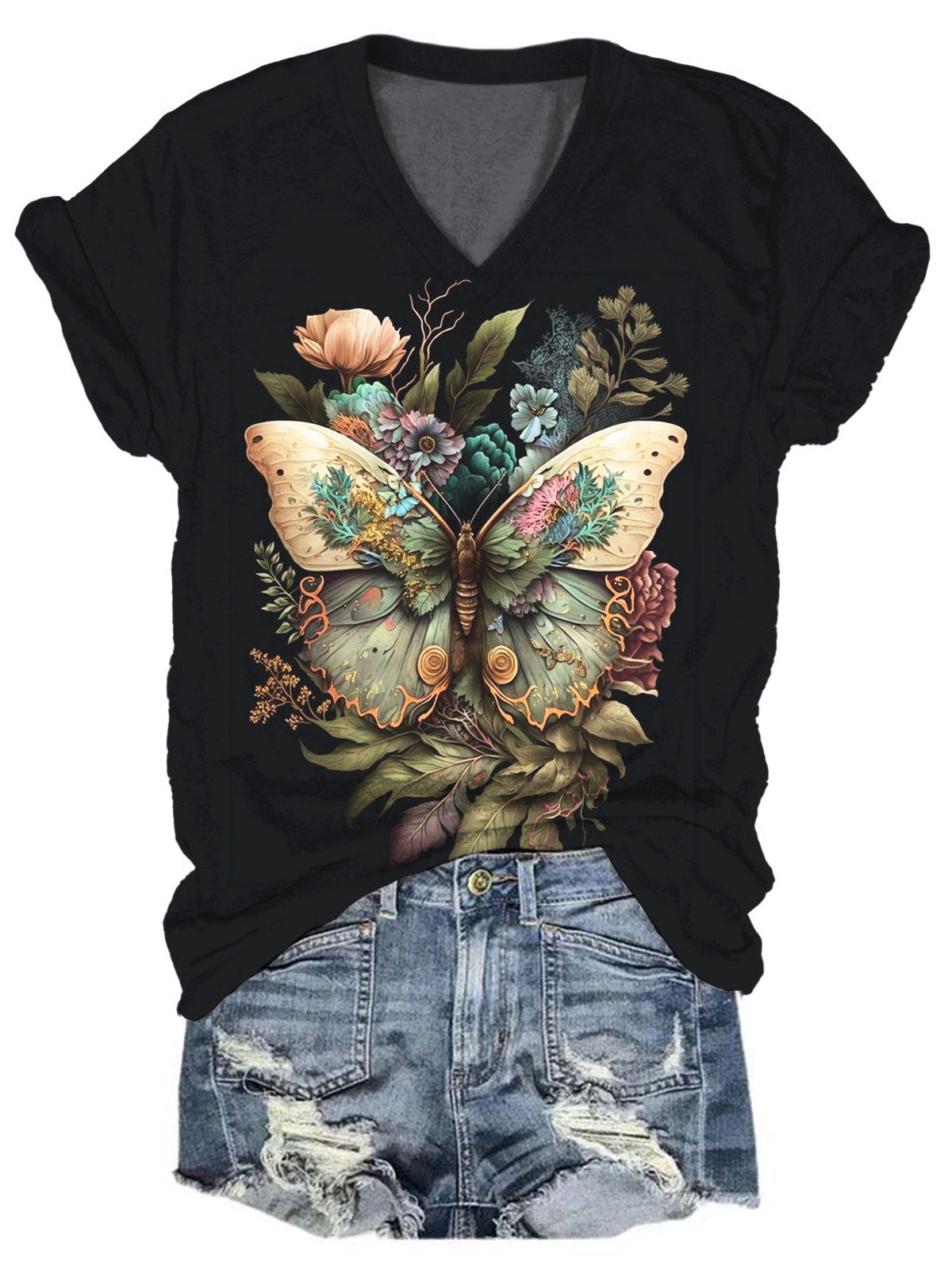 Butterfly Print V-Neck Short Sleeve Top