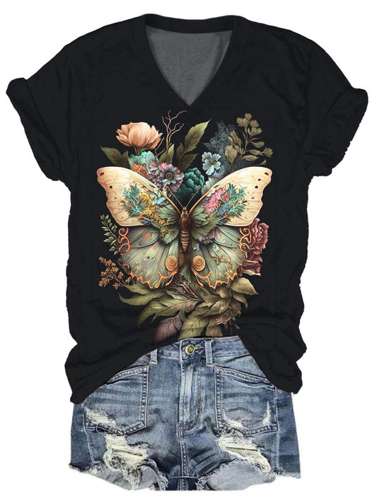 Butterfly Print V-Neck Short Sleeve Top