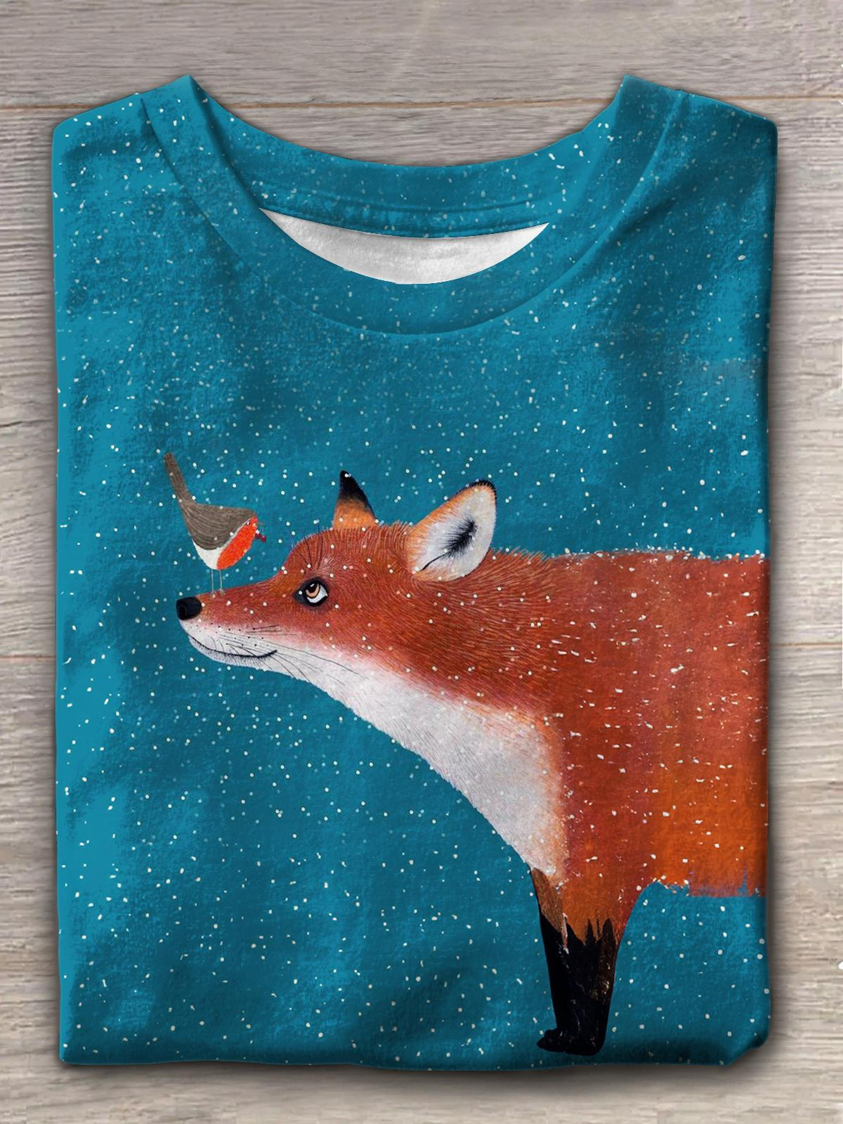 Women's Winter Fox Bird Print Crew Neck T-shirt