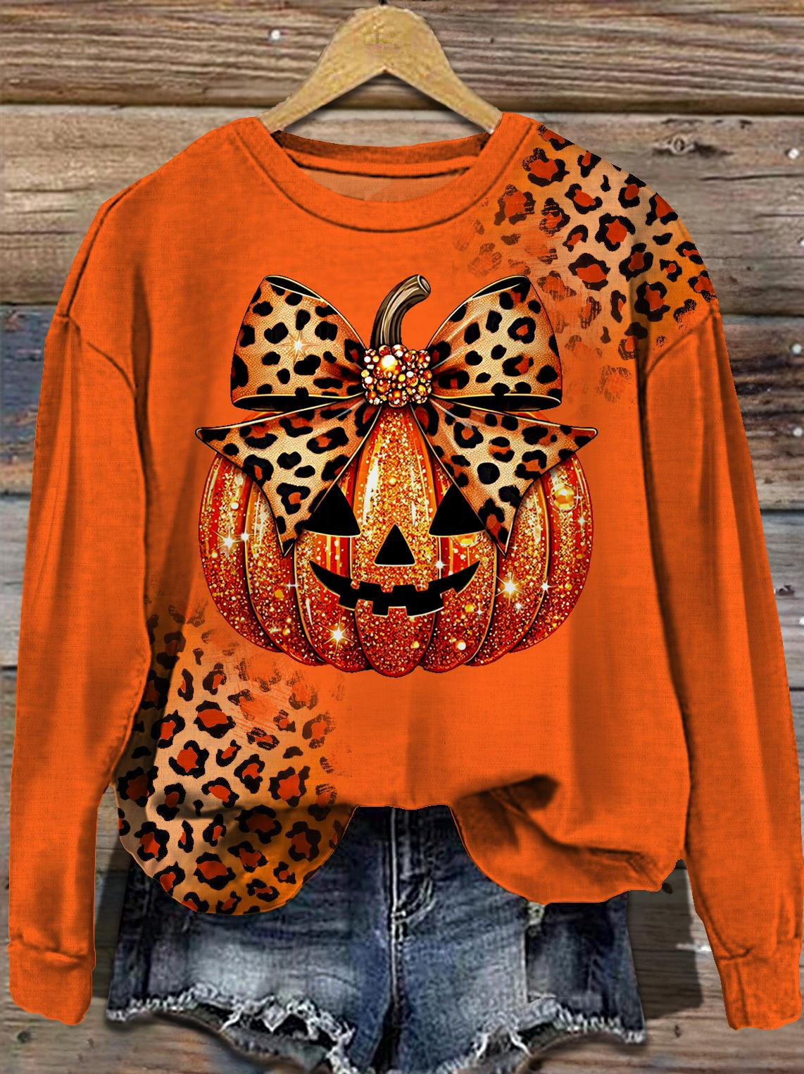 Women's Halloween Leopard Print Coquettish Bow Pumpkin Round Neck Long Sleeve Top