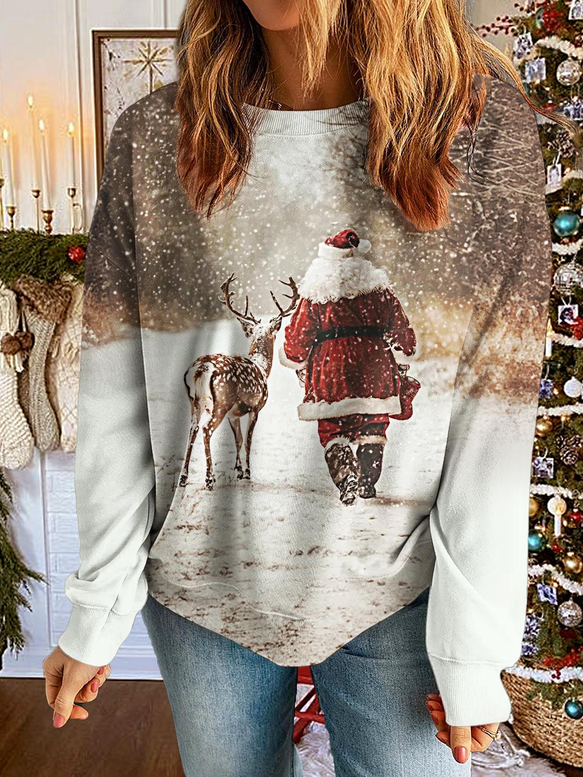 Women's Winter Santa Reindeer Printed Long Sleeve Casual Top