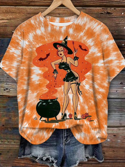 Women's Retro Halloween Cartoon Tie-Dye Printed Round Neck Short Sleeve T-Shirt