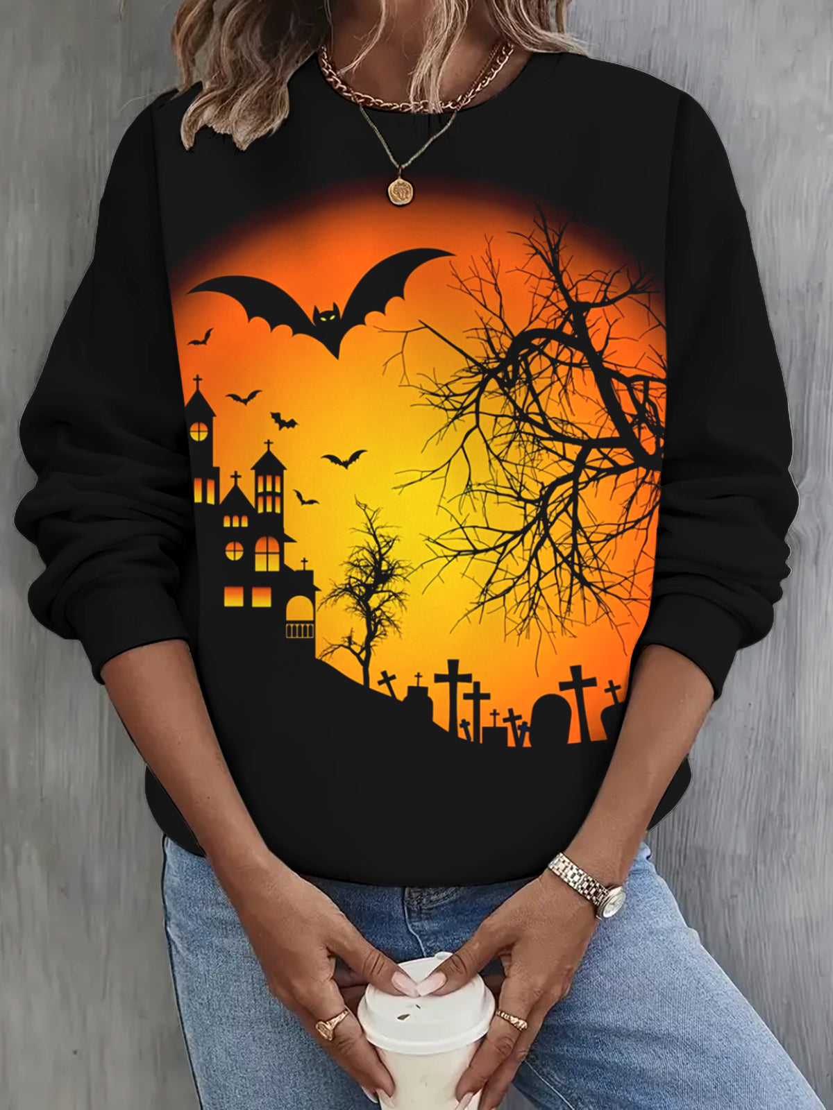 Twilight Bat Halloween Printed Long Sleeve Casual Top