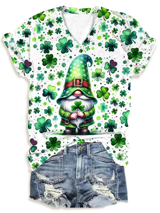 St Patrick's Shamrock Gnome V-Neck T-Shirt