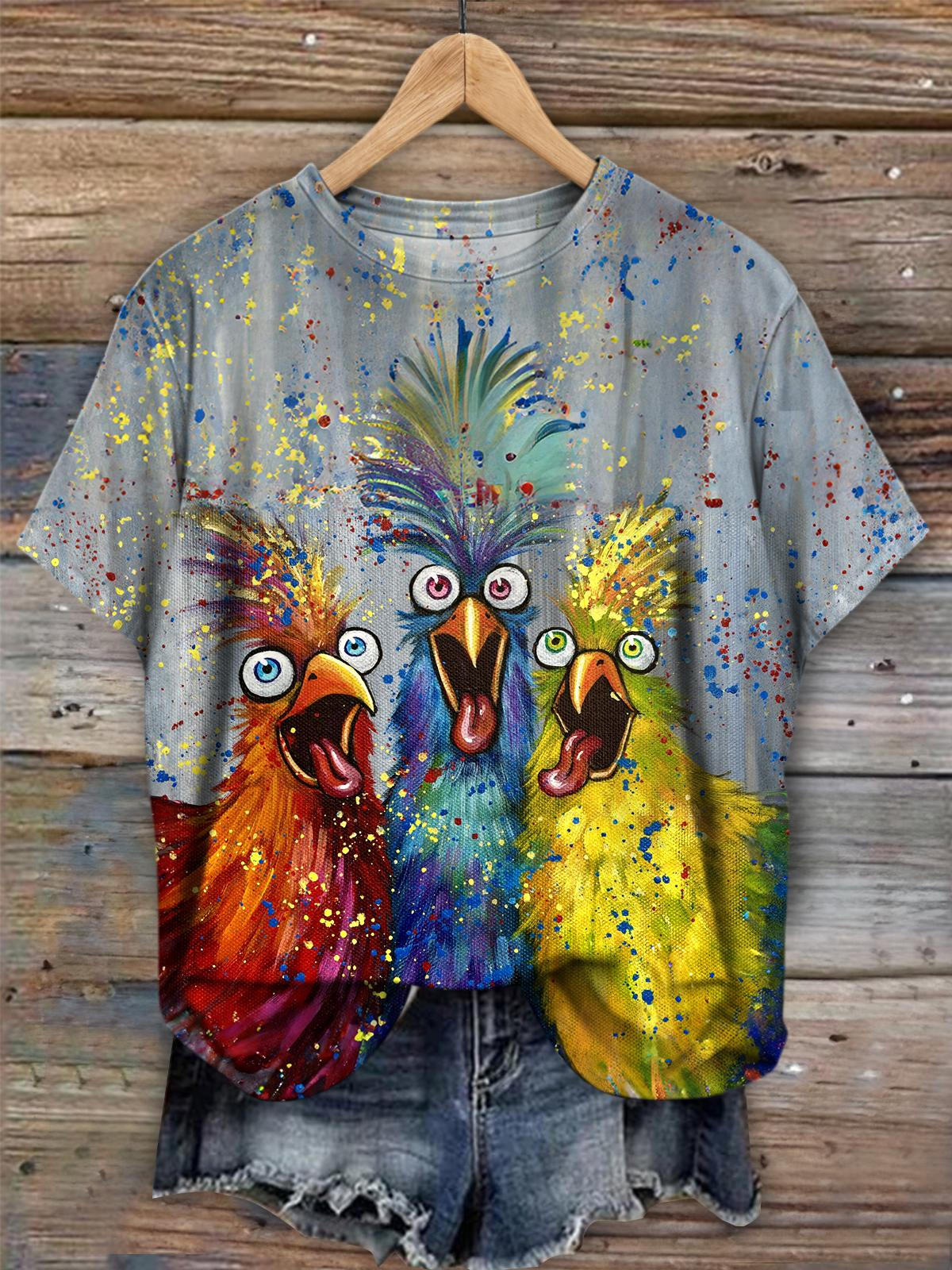 Funny Chicken Art Crew Neck T-shirt