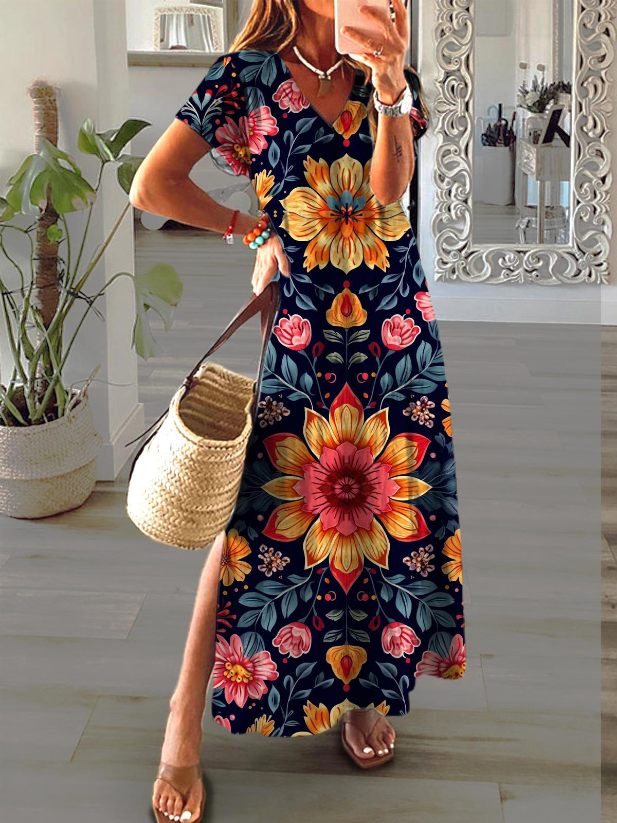 Women's Retro Flowers Short Sleeve V Neck Maxi Dress