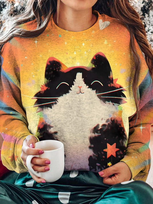 Women's Rainbow Cat Round Neck Long Sleeve Top