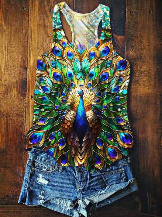 Peacock Print Casual Tank Top