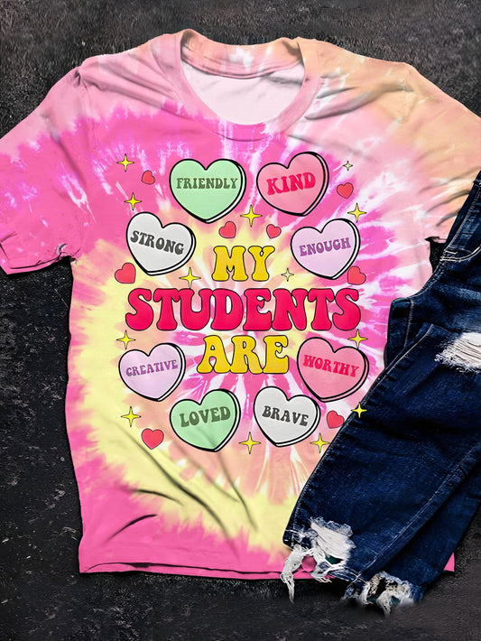 Teacher Valentine's Day Tie Dye Printed Crew Neck T-shirt