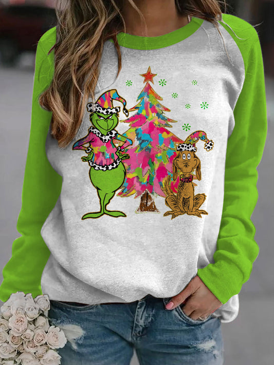 Women's Merry Christmas Green Mischief Dog Cat Long Sleeve Sweatshirt