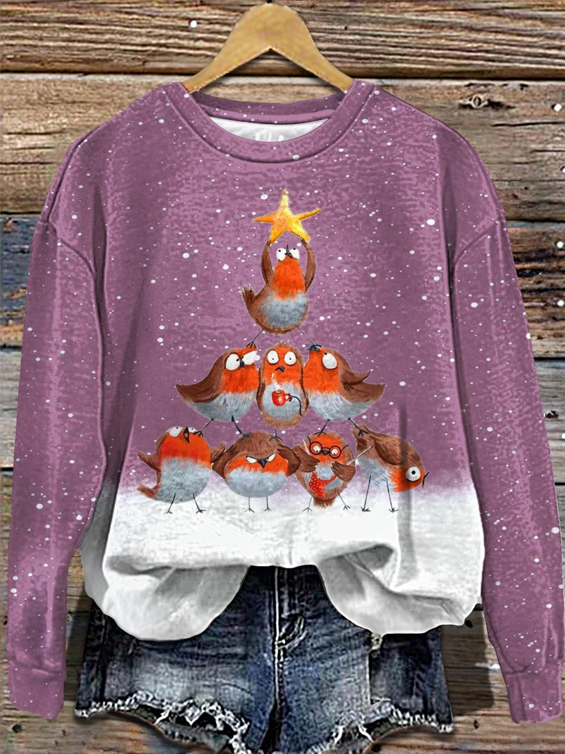 Women's Purple Christmas Bird Printed Long Sleeve Casual Top