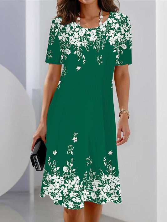 Floral Short Sleeve Crew Neck Dress