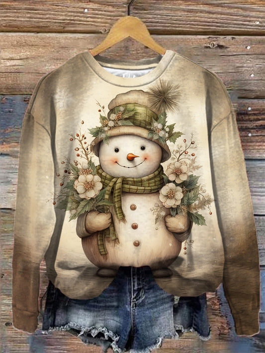 Women's Floral Vintage Snowman Print Crew Neck Long Sleeve Top