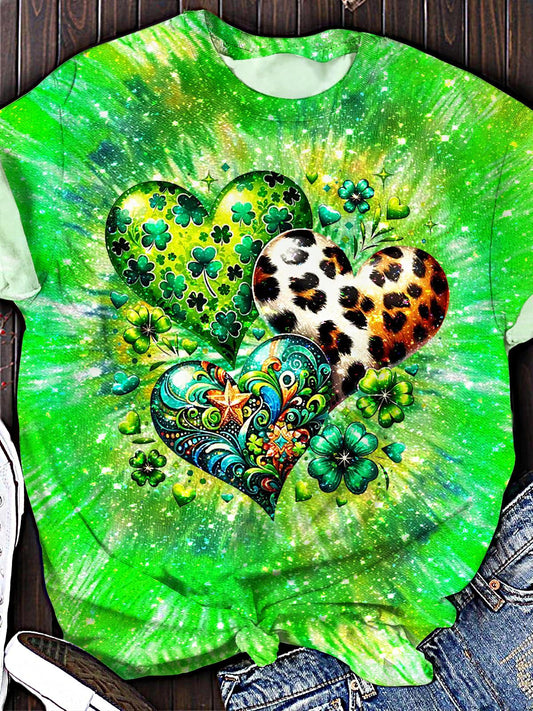 St. Patrick's Day Heart Print Crew Neck T-shirt