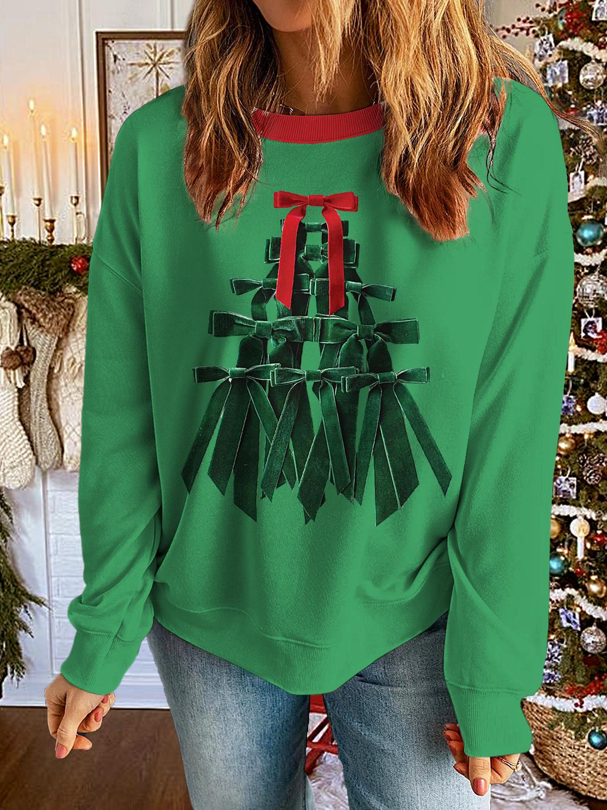 Women's Christmas Bow Printed Long Sleeve Casual Top